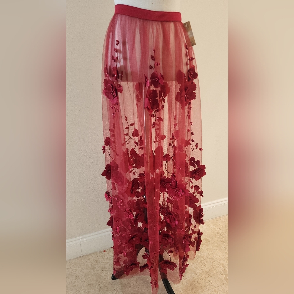Luxury Fabric - Red Flower Design Sheer Long Skirt